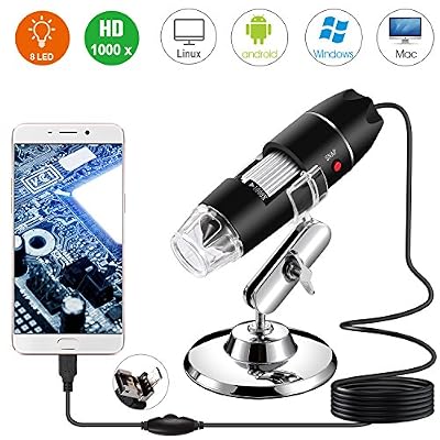 Bysameyee Microscope numérique USB, Endoscope de grossissement 40X-1000X Portable Bysameyee, Mini Caméra Vidéo 8 LED pour Windows 7/8/10 Mac Linux sous Android (avec OTG)