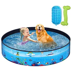 Unomor Foldable Dog Pool - Pet Pool with Pet Brush Chew Toy and Storage Bag - Portable Dog Bathing Tub for Large Small Dogs Kiddie Pool for Kids Toddler Two Large Size (47' x12' /63' x12')