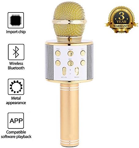 Generic Portable Magic Karaoke Wireless Handheld Microphone Bluetooth Speaker Player Recorder For Apple iPhone Android Smartphone PC Music Playing Singing Home KTV (WS858 Gold)