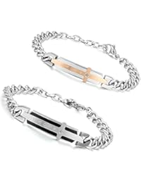 Flongo Pulseras para parejas, "Divine Love" Acero inoxidable pulseras de amor, Cruz y circonitas brillantes, Negro Oro Rosa, Regalo para San Valentín/ Navidad