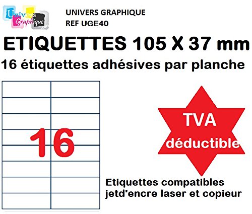 Etiquetas autoadhesivas 800 105 x 37 mm  50 hojas  A4  16 x 37 1 Etiquetas 105 mm  compatible con impresora de inyecci  n de tinta y l  ser y fotocopiadora-IVA deducible contrariamente a los vendedores  auto empresarios -Marque universo gr  fico REF UGE162