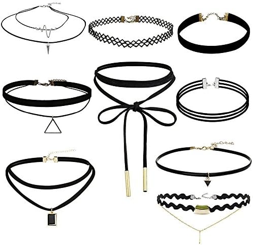 Elegant Rose 9 Pcs Velvet Chokers Necklaces Stretch Gothic Tattoo Lace Chokers Necklaces,Black