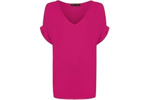WearAll Women's New Plus Size Womens Short Turn Up Sleeve Baggy Plain Top Ladies V-Neck T-Shirt 8-22