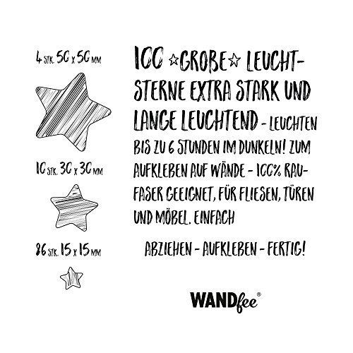 WANDfee® Leuchtsticker 100 ☆große☆ Leuchtsterne EXTRA STARK und lange leuchtend selbstklebende Sternenhimmel nachleuchtend viele leucht Sterne Klebesterne leuchten im dunkeln Schlafzimmer Kinderzimmer Babyzimmer Wandtattoo fluoreszierend Wandaufkleber Wandsticker moderne Dekoration Deko Aufkleber Wanddeko - 2