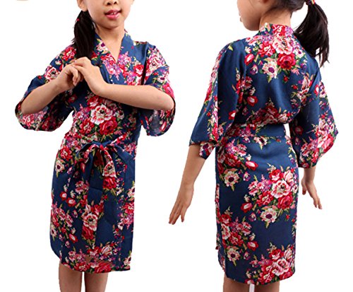 Preisvergleich Produktbild Swallowuk Kinder Mädchen Morgenmantel Kimono Nachtwäsche Bademantel Pyjamas mit Blumenmuster für Sleepwear / Party / Hochzeit (6, Dunkelblau)