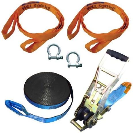 Slackstar Super Distance 6 Piece Slackline Set With 2 Round Slings And Shackles - 10 m Length, 25 mm Breadth, Blue