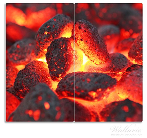 Wallario Herdabdeckplatte / Spritzschutz aus Glas, 2-teilig, 60x52cm, für Ceran- und Induktionsherde, Glühende Kohlen im Kamin