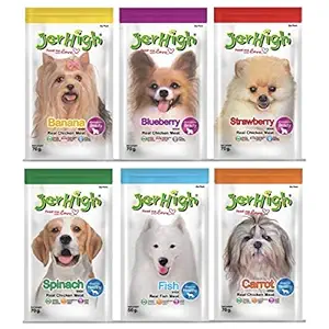 JerHigh Real Chicken Stick Food Treat Spinach, Blueberry, Carrot, Strawberry, Fish, Banana Flavor 6 Pack Combo Set 70g for Dogs of All Life Stages