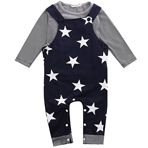 WangsAura Baby Boys Girls Long Sleeve Striped T-shirt and Stars Print Bib Pants Set