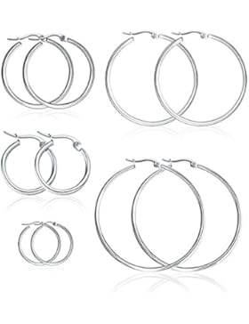 Bliqniq 5 Paare Edelstahl Creolen Ohrringe Silber Damen Herren 15mm 20mm 30mm 40mm 50mm Rund Groß Hängend Silberweiß...