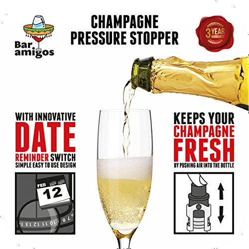 Bar Amigos ®, Triple Value Pack of 3 Champagne Pressure Stopper Sektflaschenverschluss Sekt und Champagnerflaschen Vorteilspaket 3 Stück Sekt Druck Stopper, violett, grau, rot, Saver Pumpe Sealer Innenkonservierer, mit patentierter Technologie und innovativen Datum Erinnerung Schalter halten ihr Fläschchen von Sekt Champaign Fresh für 7 Tage Plus – 3 Jahre Garantie auf Zufriedenheit, - 3