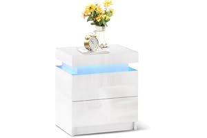 ‎TUKAILAI TUKAILAI Bedside Table White with LED Light, 2 Drawers and High Gloss Chest of Drawers Bedside Table for Bedroom Living Room