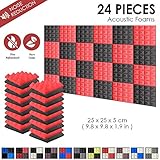 24 Akustische Pyramidenschaumstoff-Schalldämmplatten. Optional: Fügen Sie für die einfachere Montage selbstklebende Klebestreifen/Klebebänder zu Ihren akustischen Pyramidenschaumstoff-Schalldämmplatten hinzu. Bitte kopieren und einfügen: 