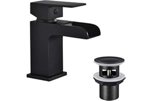 Funime Basin Mixer Taps Black Square with Slotted Pop-up Waste Waterfall Bathroom Sink Tap Brass Single Lever G1/2’’ with Hoses Semi-Open Hot and Cold Water Mixers Monobloc Modern