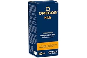 OMEGOR® Kids avec oméga-3 végétal DHA pour enfants 250 mg de DHA et 125 mg d'EPA à partir d'huile d'algue | Miel et jus de fruits | Avec de la vitamine D3 | Bouteille de 150 ml avec cuillère