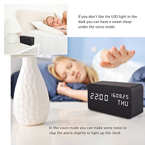 Leeron LED Digital Wecker, Zeigt Uhrzeit Datum Woche und Temperatur, Würfel Holz förmigen Sound Control-Schreibtisch-Wecker für Heim und Büro schwarz - 6