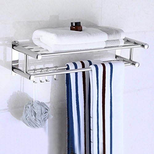 OUMK® Towel Rails/Towel rack Stainless Steel Double Layer Anti-Corrosion Towel Rack Bathroom Hardware Pendant Wall Hanging Multifunction Storage Rack Silver 30/40/50/60/80Cm Bathroom Shelves with hook, 50Cm