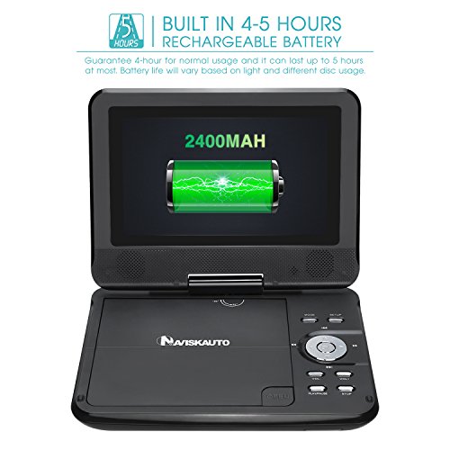 NAVISKAUTO Portable CD DVD Player with HD 7 Inch LCD Screen 5 Hours Rechargeable Battery Support MP3 USB/SD AV Out ,Includes Headrest Mount Case Car Charger