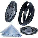 SIOTI Camera Tilted Vented Metal Lens Hood + Cleaning Cloth + 2pcs Lens Cap(one suit for Lens£¬one suit for Lens Hood) for Standard Thread Lens (55mm)