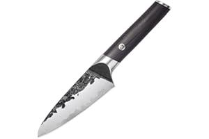 MITSUMOTO SAKARI Couteau Office 11 cm, Couteau Cuisine en Acier Inoxydable à Haute Teneur en Carbone, Couteau Japonais Forgé à la Main (Manche en Pakkawood et Boutique Boîte en bois)