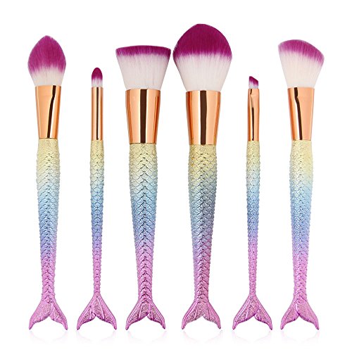 NEEDOON 6 Stück Meerjungfrau Weich Colorful Make Up Pinsel Set Foundation Bürste Synthetische Eyeliner Gesicht Powder Bürste Kit Schönheit Kosmetik Werkzeuge