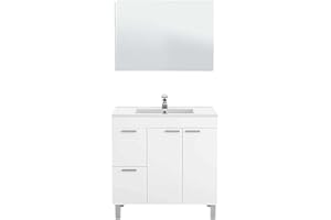 ARKITMOBEL ONDÉE, Mobile da bagno con 2 porte, 2 cassetti e specchio, Modello Aktiva, Finitura bianco lucido, Misure: 80 cm (L) x 80 cm (H) x 45 cm (P)