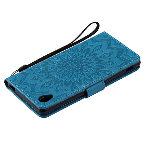 Sony Xperia M4 Hülle,Sony Xperia M4 Leder Sonnenblumen Hülle,Sony Xperia M4 Lanyard Wallet Schutzhülle,BONROY® Retro geprägte Sonnenblumen Muster PU Leder Flip Hülle Wallet Case Tasche Cover Handytasche Schutzhülle Lederhülle Handyhülle in Book Style Stand Case mit Kredit Kartenschlitz für Sony Xperia M4-blau - 4