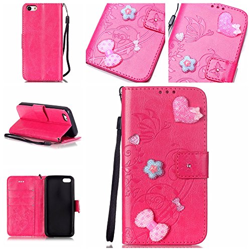 Apple iPhone 5C Case Leather, Ecoway 3D Fashion Handmade Bling Diamond Crystal Butterfly flower pattern PU Leather Stand Function Protective Cases Covers with Card Slot Holder Wallet Book Design Detachable Hand Strap for Apple iPhone 5C - Rose red