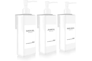 ROSELEE 3 Piezas Dispensador Jabon Baño Pared, Dispensador de Jabón para Cocina Sin Taladrar 500ml Dispensador Gel y Champu Ducha con 3 Soportes y Etiquetas Impermeables para Cocina y Baño