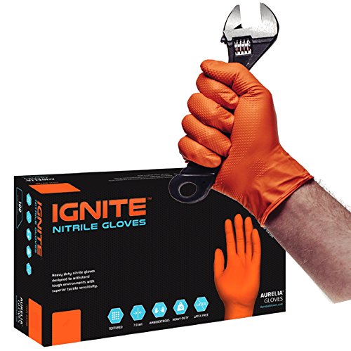 IGNITE Gants en nitrile très robustes, sans poudre, à texture diamant - ORANGE, lot de 100, taille M