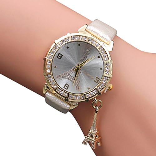 Ladies Watches Hmeng Women's The Eiffel Tower Rhinestone Wristwatch Analog Watch Quartz Wrist Watch, Ladies Wrist Watch for Party Club Casual Watches Valentine's Day Gift Leather Band Watch (White)