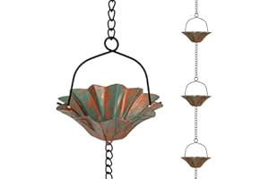 Qipade 10 FT Lotus Rain Chain, Rain Chains for Gutters with 12 Bronze Cups, Adjustable Rain Catcher Chain with Bell for Eaves Drainage, Replacement for Downspout