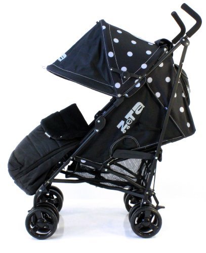 ZETA VOOOM - Black Dots with Rain Cover + Deluxe 2in1 footmuff liner zip off padded black