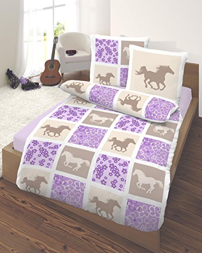 Feinbiber Kinder Bettwäsche 135x200 cm Pferde (lila) Markenware von IDO Homewear