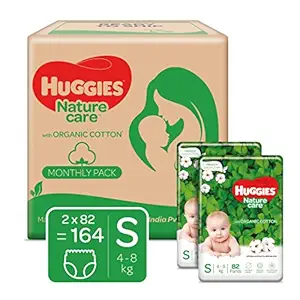 Huggies Nature Care Pants, Monthly Pack, Small (S) Size Baby Diaper Pants, 164 Count, Natures gentle protection with organic cotton