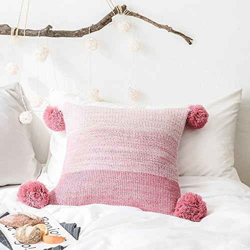 MDCT Throw Cushin Cover Tassel Ball Pillow Case Color Gradient 45x45cm (Pink)