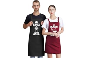 FUKPO 2 Piezas Delantal Cocina Hombre Mujer Pareja Algodón Rojo Negro, Ajustable Delantales de Cocina Impermeable Personalizado Divertido con 2 Bolsillos, Profesional Mandiles de Cocina Barbacoa Chef