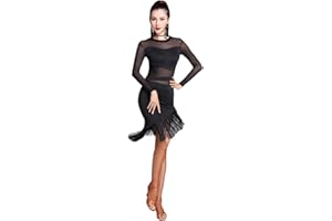 Jonact Damen Quaste lateinisches Tanzkleid Frauen Ballsaal Kleid Schwarz Mesh Lange Ärmel für Latein Tango Salsa Tanzkostüm