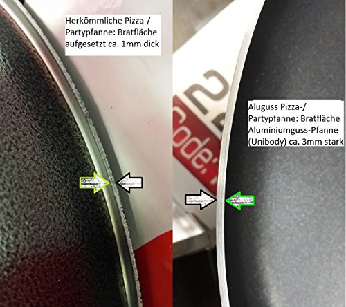 Neudorf Elektronik Manufaktur XXL Partypfanne B/ Bratfläche Aluminium-Guss Pfanne (!!!Unibody!!! – kein aufgesetztes Blech – siehe Vergleichsbild) ca. 3mm stark/ Elektrische Pizzapfanne Elektropfanne Bratpfanne/ Antihaft-Beschichtung/ 1500 Watt (100-240 °C)/ Maße: Ø 40cm - 6
