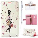 Felfy Hülle für Huawei P10 Lite,Huawei P10 Lite Lederhülle,Huawei P10 Lite Handyhülle Glitzer Flip Wallet PU Lederhülle Magnetic Buckle Handyhülle Ledercase Tasche Hüllen Brieftasche Bunte Gemalt Malerei elegantes Mädchen Muster mit Glänzende Crystal Strass Diamant [PU Leder & Silikon Innenschale] Schutzhülle Tasche Schale Handy Etui Karten Slot Lederhülle für Huawei P10 Lite [Shopping Mädchen] + 1x Silver Stylus+ 1x Bling Dust Plug [Farbe Random]