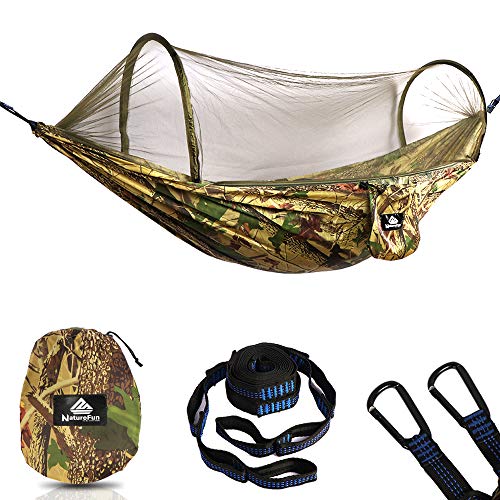 NATUREFUN Ultra-Light Reisecamping Hängematte Moskitonetz Hängematte | 300 kg Tragfähigkeit, knitterfest schnelltrocknendes Polyester | 2 Premium Karabiner, 2 Nylonschlingen inklusive | Outdoor Indoor