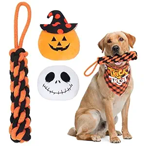 Dog Plush Squeaky Toy Bandana for Halloween Set - Cotton Rope Soft Squeak Toys Playing Orange Black Triangle Scarf Small Medium Large Pet Puppy