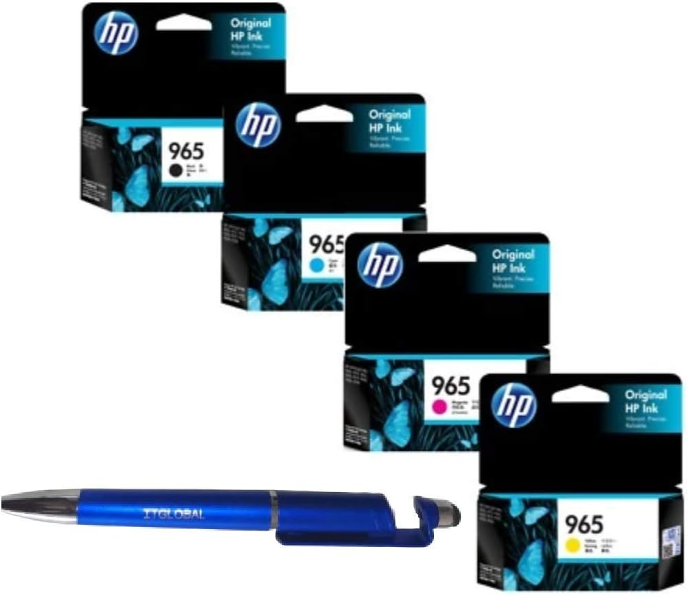 HP 965 B/C/Y/M Ink Cartridge | Bundle ITGLOBAL® 3in1 Multi-Function Mobile Phone Stand, Stylus Pen, Anti-Metal Texture Rotating Ballpoint Pen (Very Colors)