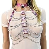 Freebily Women's Faux Leather Harness Punk Gothic Metal Chain Tassel Body Caged Bra Strap Tops Pink One Size