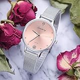 Sansee Damen Uhren Ultra Dünn Minimalistisch Damenuhr Wasserdicht Kleid Armbanduhren Luxus Beiläufig Edelstahl Mesh Quarzuhr für Frau Lady Teenager Mädchen (Pink)