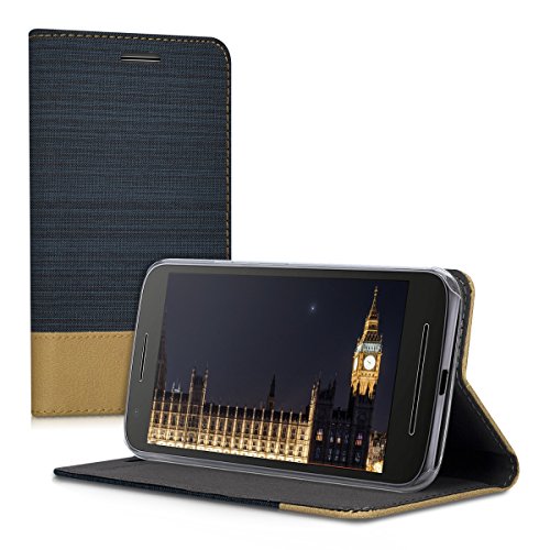 kwmobile Funda para Motorola Moto E3 - Carcasa de  Tela  y  Cuero sint  tico  - Case con  Soporte  en  Azul Oscuro marr  n 