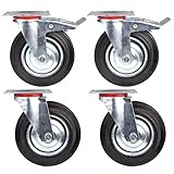 FIXKIT Lot de 2x 200mm Roulettes Pivotants + 2x 200mm Roulettes Frein à Pied Roulette Castor Roues en Caoutchouc pour Garage, Atelier, Usine, Maison avec Capacité de 920kg(200MM)