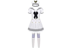 dPois 3Pcs Robe Mariniere Fille Enfant Uniforme Scolaire Japonais Fille Marin Manches Courte Uniforme Marin Robe Marine Robe de Soirée Chapeau Marin Capitaine 3-14 Ans