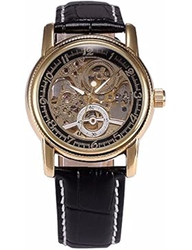 Gute Kleid Golden Schwarz Skelett Unisex Automatik Uhr Schwarz Lederband