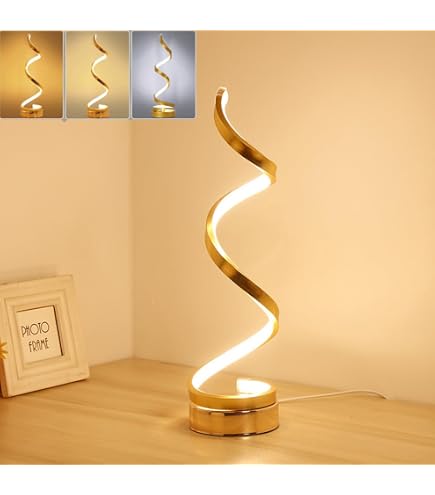 EIDEARAY Nachttischlampe – Spiral-Design, 3 Farbtemperaturen, Touch-dimmbar, Mit USB-Anschlüssen, Silber